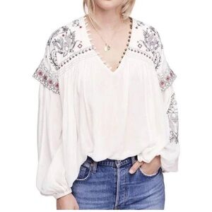 Free People M Rock It Tonight Floral Embroidered Lng Sleeve Boho Hippie Peasant